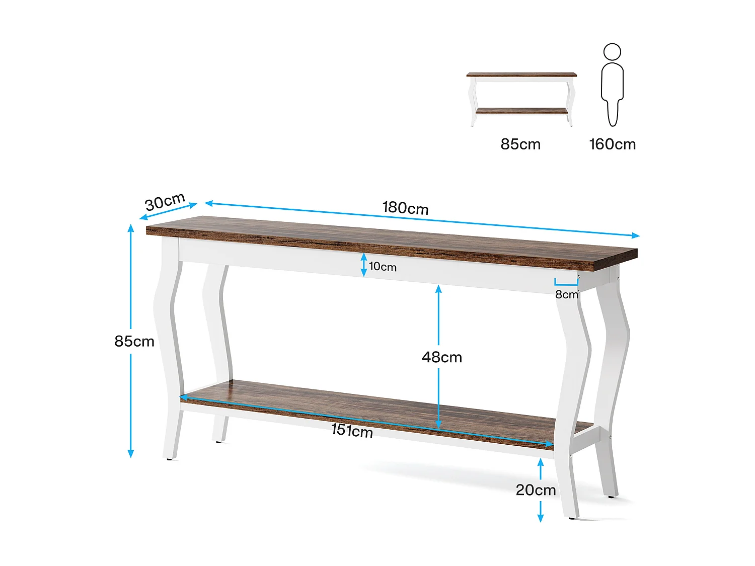 Mesa de Console de 180cm de Comprimento, Mesa de Sofá Vintage de 2 Camadas Behind The Couch