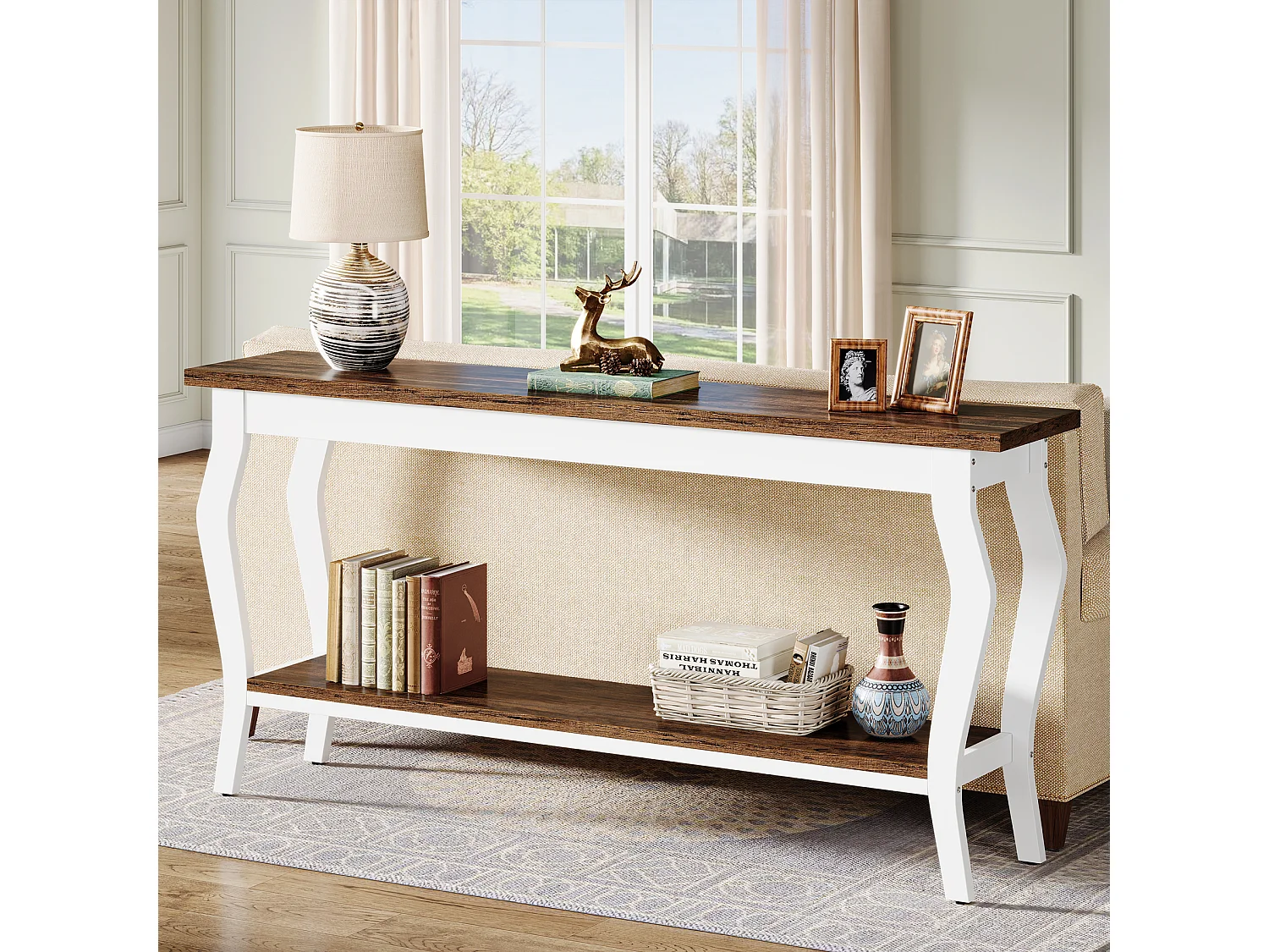 Mesa de Console de 180cm de Comprimento, Mesa de Sofá Vintage de 2 Camadas Behind The Couch