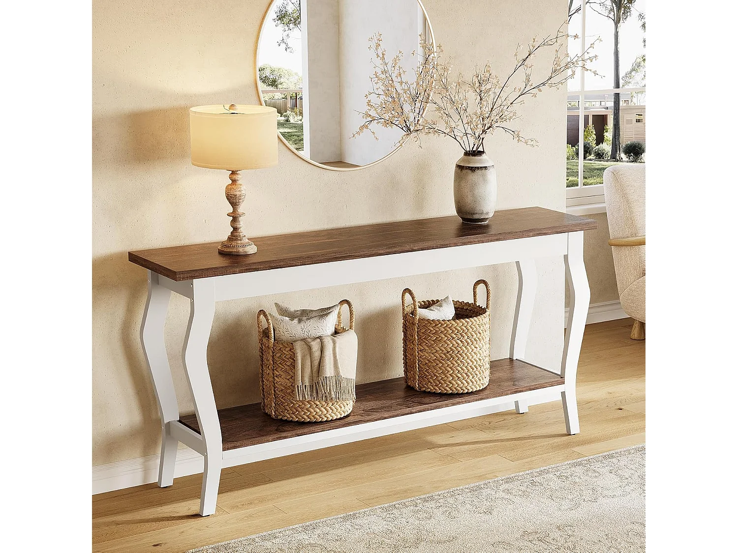Mesa de Console de 180cm de Comprimento, Mesa de Sofá Vintage de 2 Camadas Behind The Couch