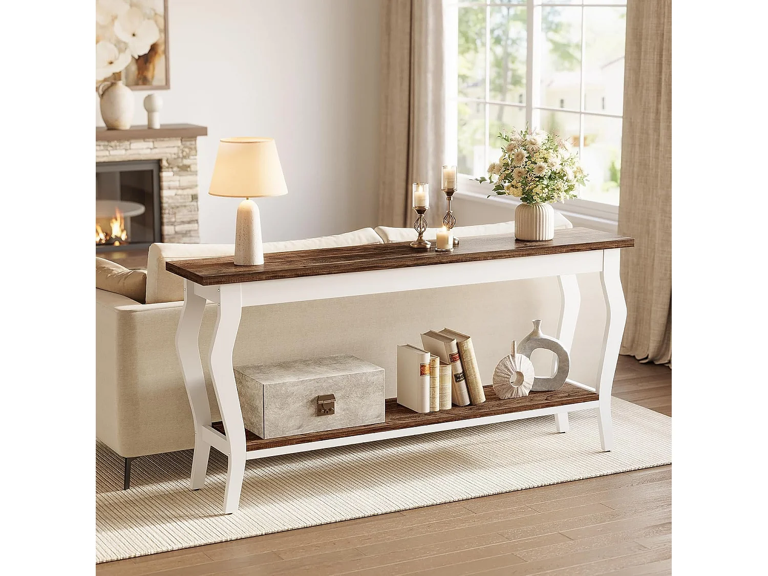 Mesa de Console de 180cm de Comprimento, Mesa de Sofá Vintage de 2 Camadas Behind The Couch