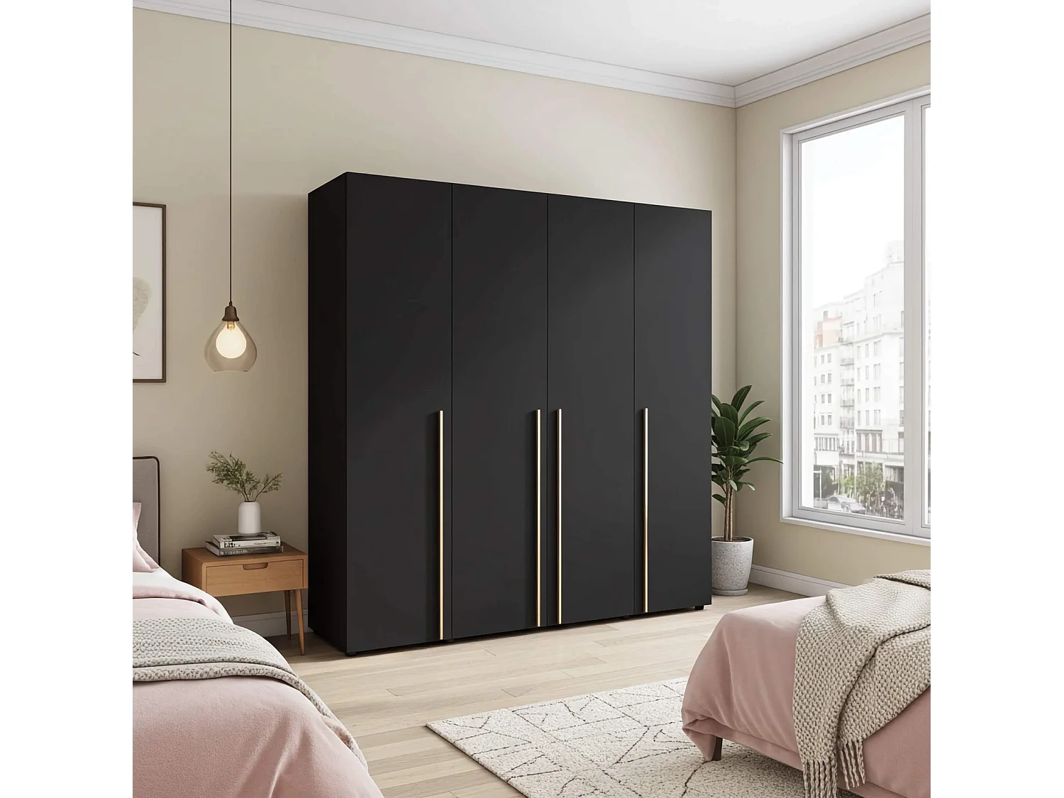 Kleiderschrank Arni 200 cm - 4 Drehtüren Schwarz Matt - 11 Einlegeböden