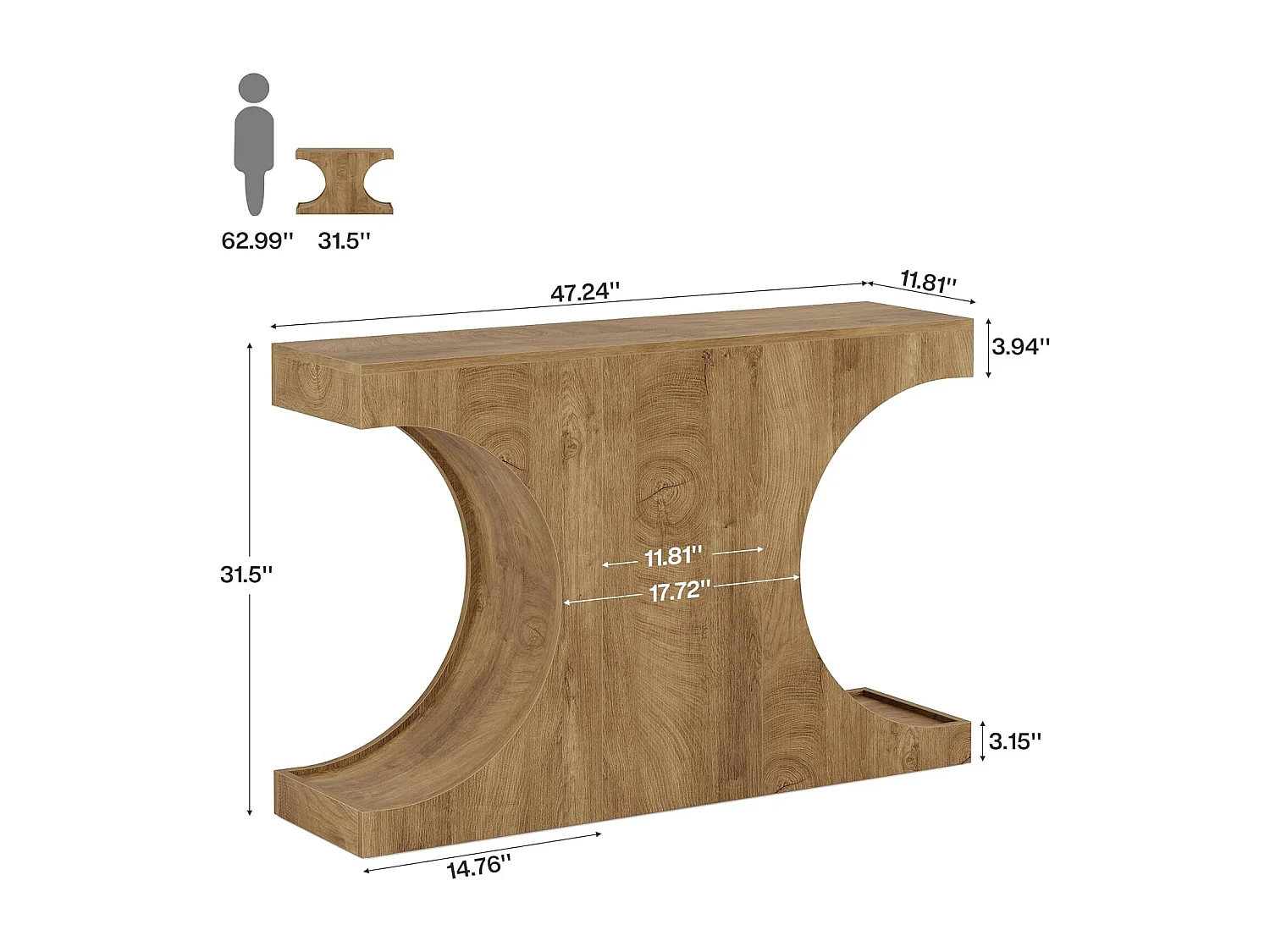 Console de style campagnard, table basse rustique de 105 cm avec pieds en forme de C