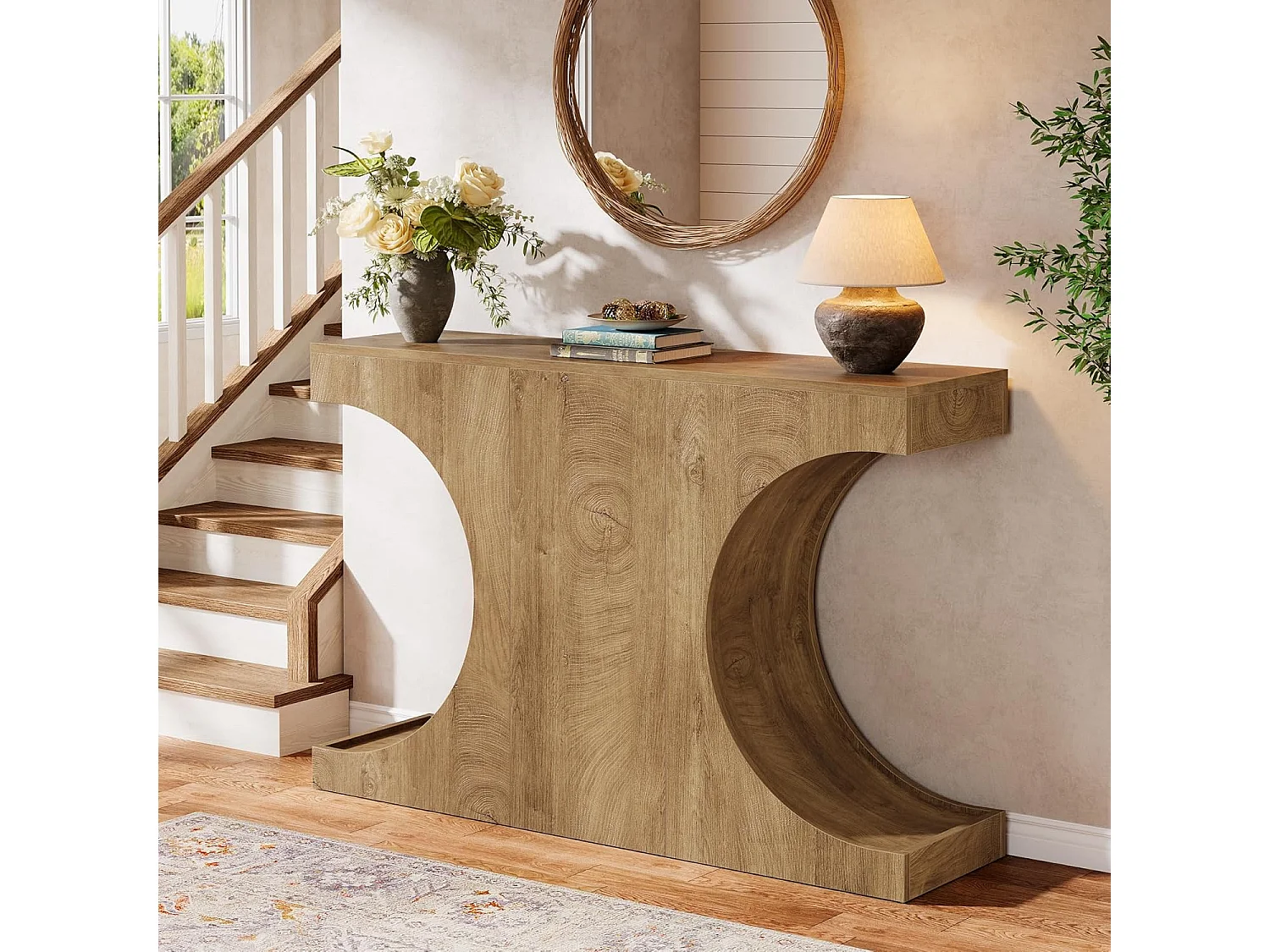 Console de style campagnard, table basse rustique de 105 cm avec pieds en forme de C
