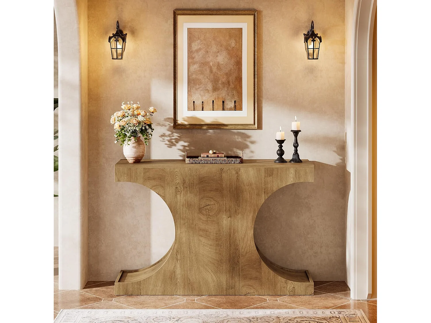 Console de style campagnard, table basse rustique de 105 cm avec pieds en forme de C