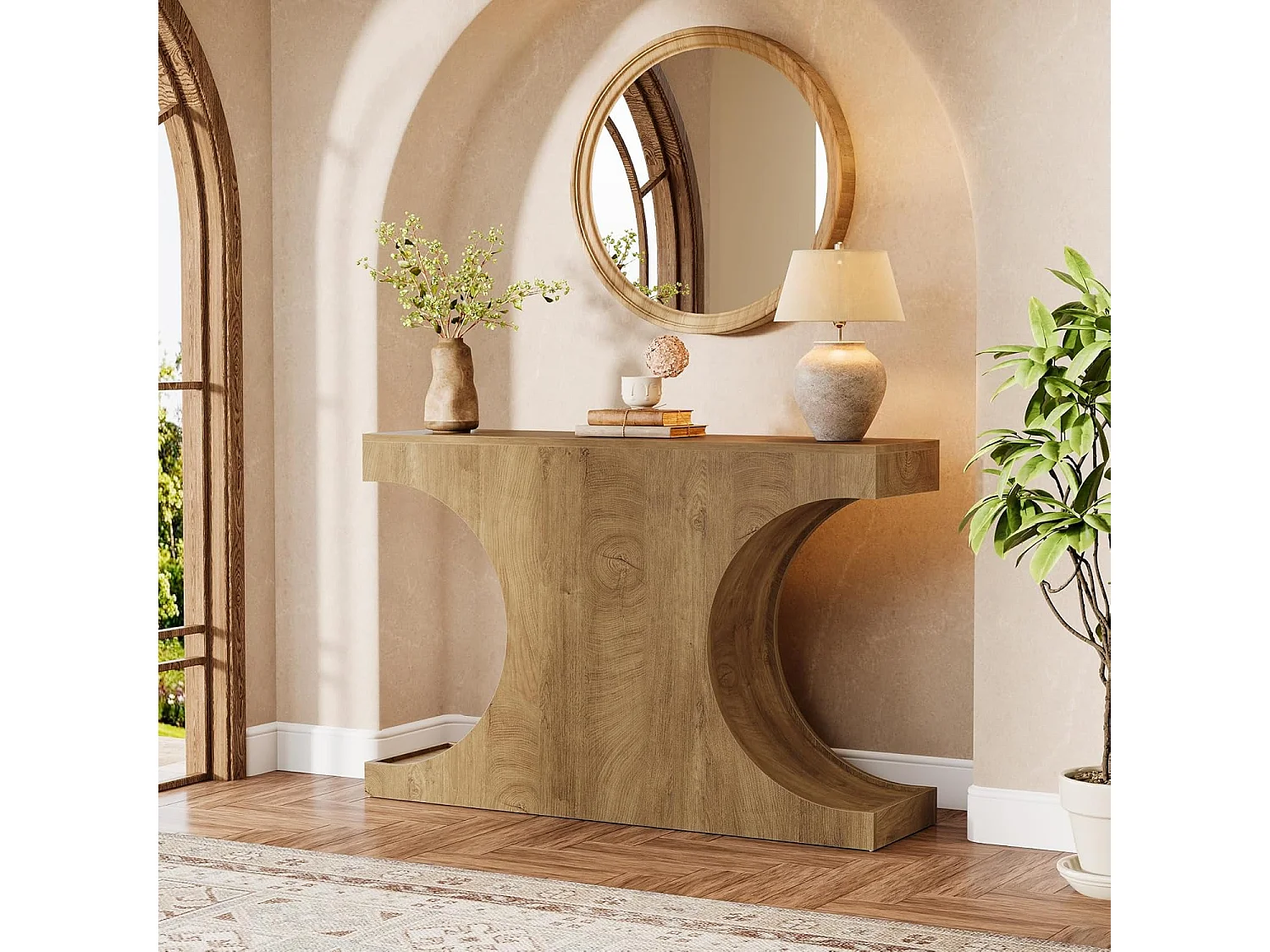 Console de style campagnard, table basse rustique de 105 cm avec pieds en forme de C