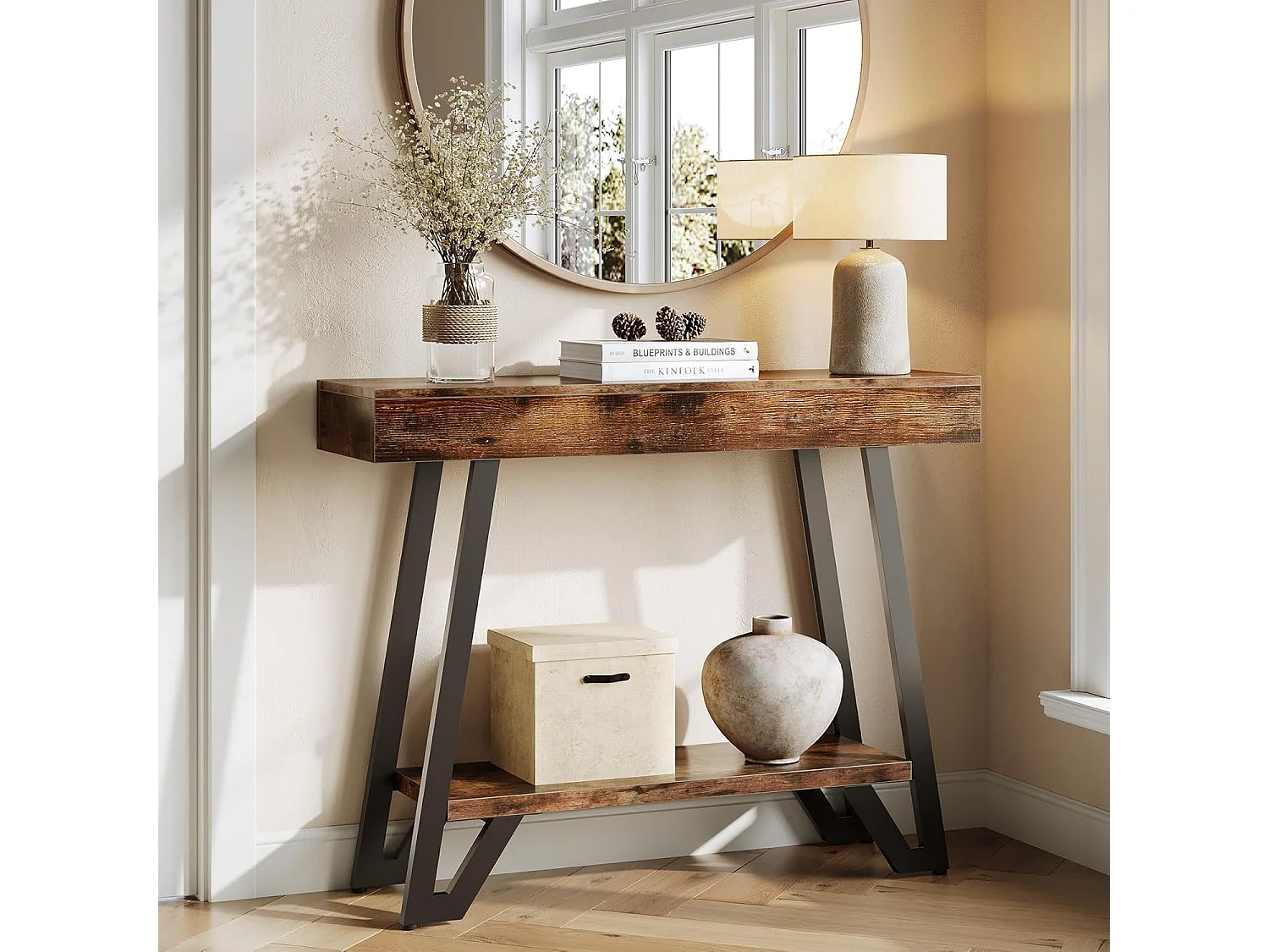 Mesa de Console de 103cm com Quadro Metálico Geométrico, Mesas de Entrada, Prateleiras de Armazenamento, 2 Camadas