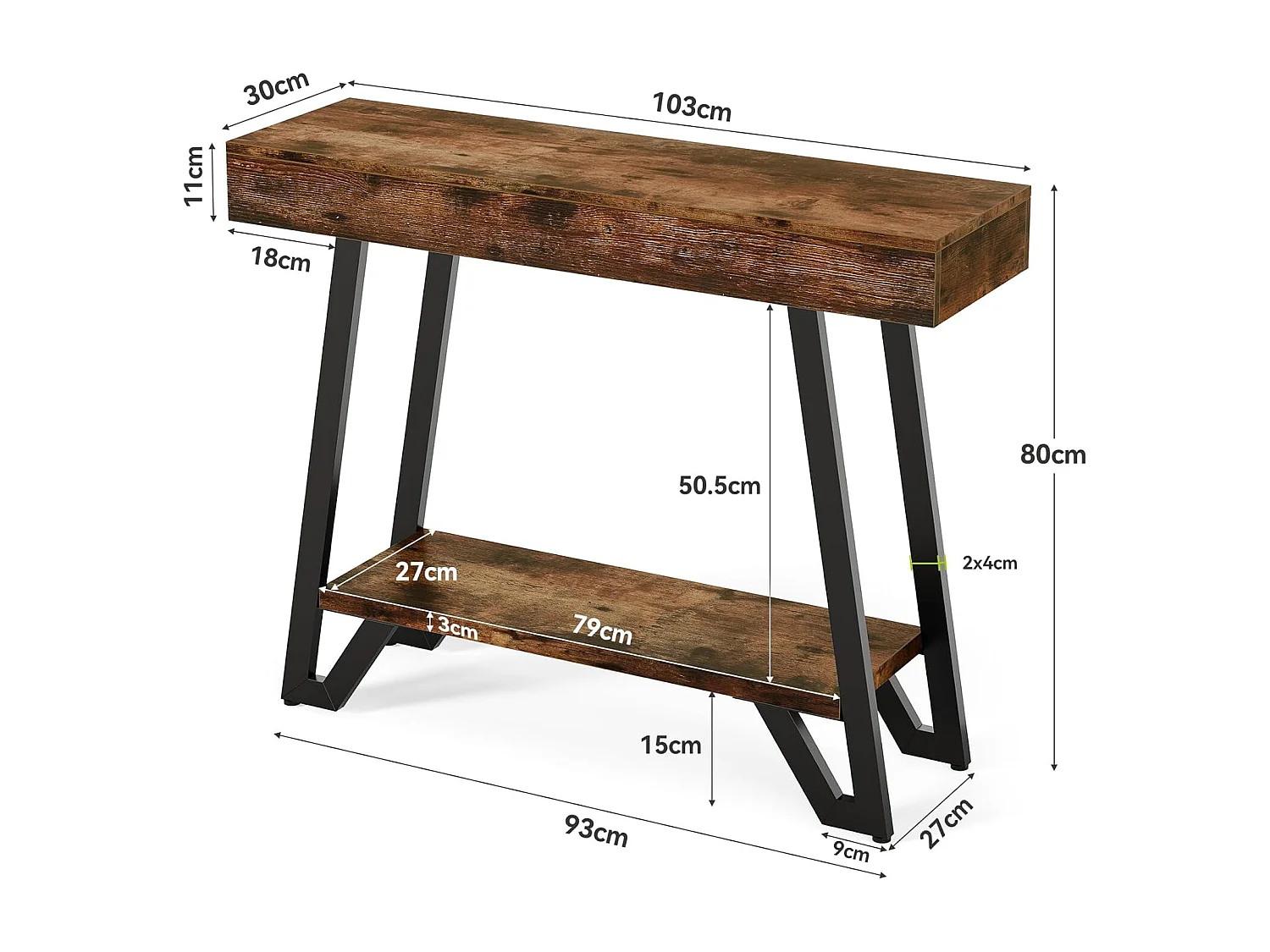 Mesa de Console de 103cm com Quadro Metálico Geométrico, Mesas de Entrada, Prateleiras de Armazenamento, 2 Camadas