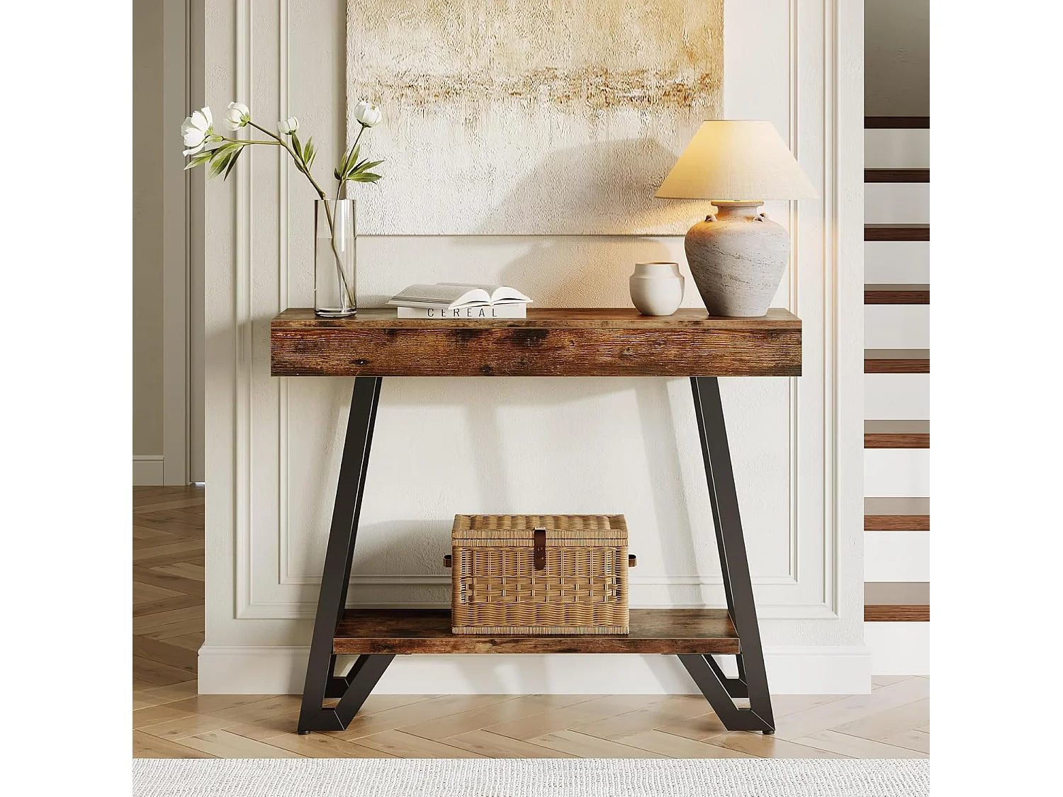 Mesa de Console de 103cm com Quadro Metálico Geométrico, Mesas de Entrada, Prateleiras de Armazenamento, 2 Camadas