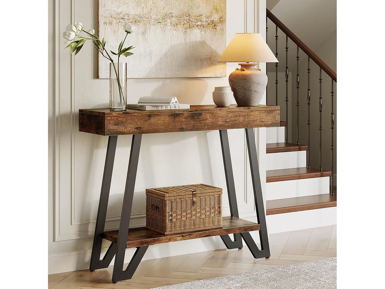 Mesa de Console de 103cm com Quadro Metálico Geométrico, Mesas de Entrada, Prateleiras de Armazenamento, 2 Camadas