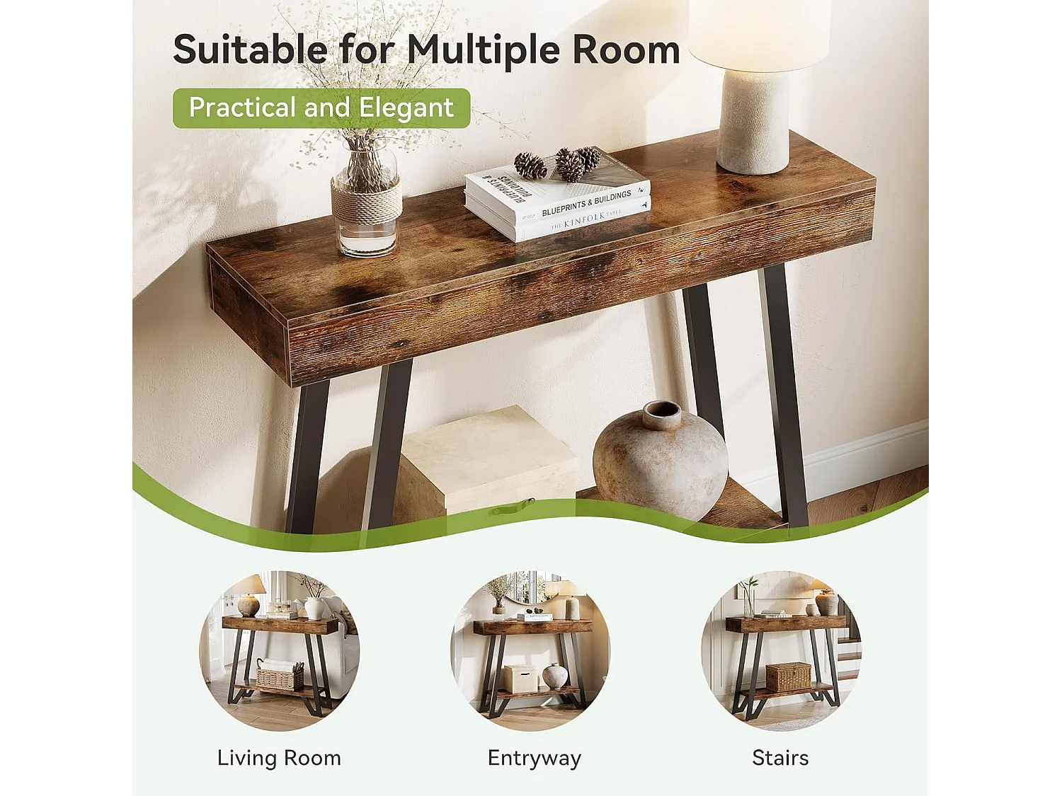 Mesa de Console de 103cm com Quadro Metálico Geométrico, Mesas de Entrada, Prateleiras de Armazenamento, 2 Camadas