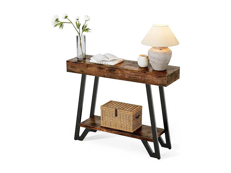 Mesa de Console de 103cm com Quadro Metálico Geométrico, Mesas de Entrada, Prateleiras de Armazenamento, 2 Camadas