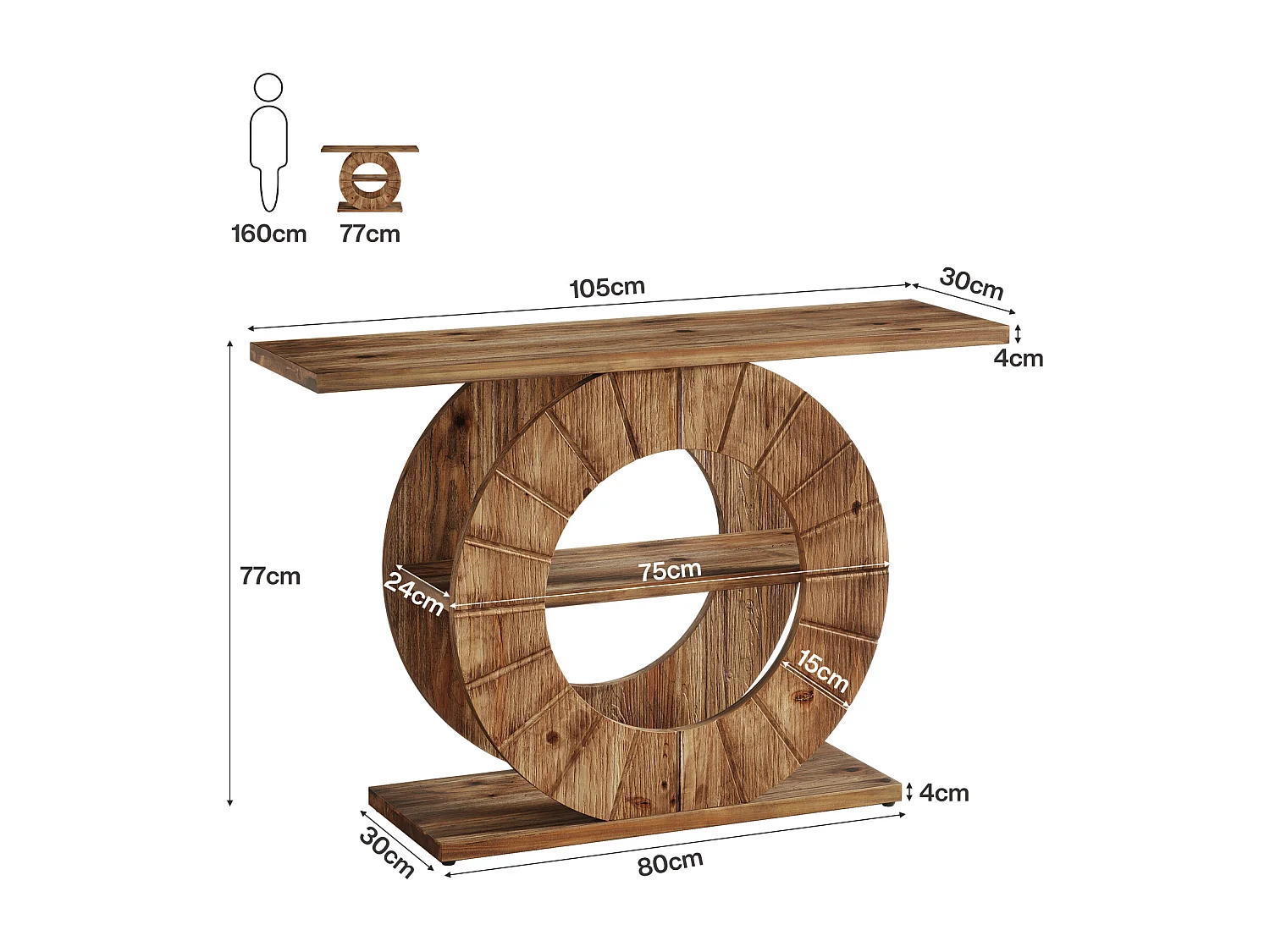 Mesa de Consola de Madeira Sólida com Armazenamento, Mesa de Sofá Rural com 3 Prateleiras e Base Circular Gravada