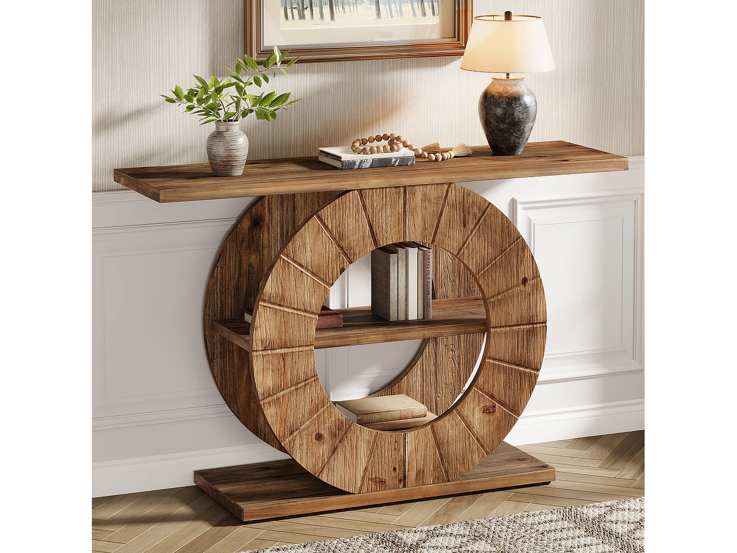 Mesa de Consola de Madeira Sólida com Armazenamento, Mesa de Sofá Rural com 3 Prateleiras e Base Circular Gravada