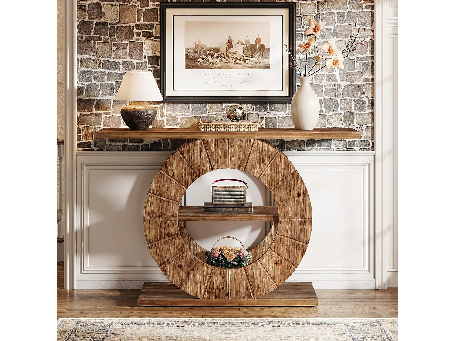Mesa de Consola de Madeira Sólida com Armazenamento, Mesa de Sofá Rural com 3 Prateleiras e Base Circular Gravada