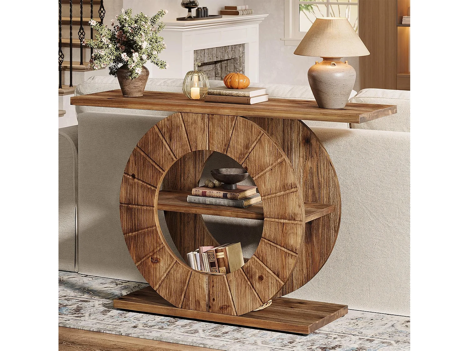 Mesa de Consola de Madeira Sólida com Armazenamento, Mesa de Sofá Rural com 3 Prateleiras e Base Circular Gravada