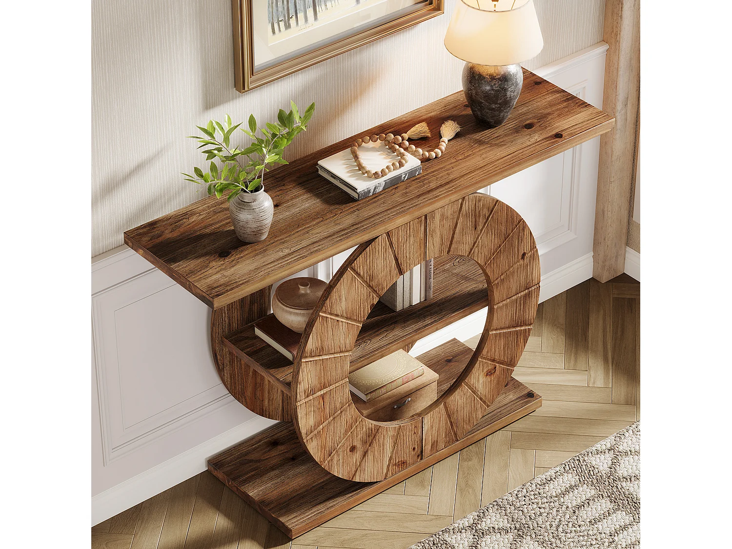 Mesa de Consola de Madeira Sólida com Armazenamento, Mesa de Sofá Rural com 3 Prateleiras e Base Circular Gravada