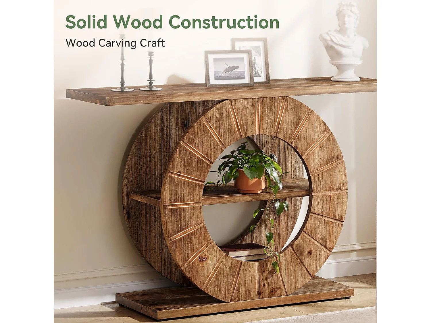 Mesa de Consola de Madeira Sólida com Armazenamento, Mesa de Sofá Rural com 3 Prateleiras e Base Circular Gravada