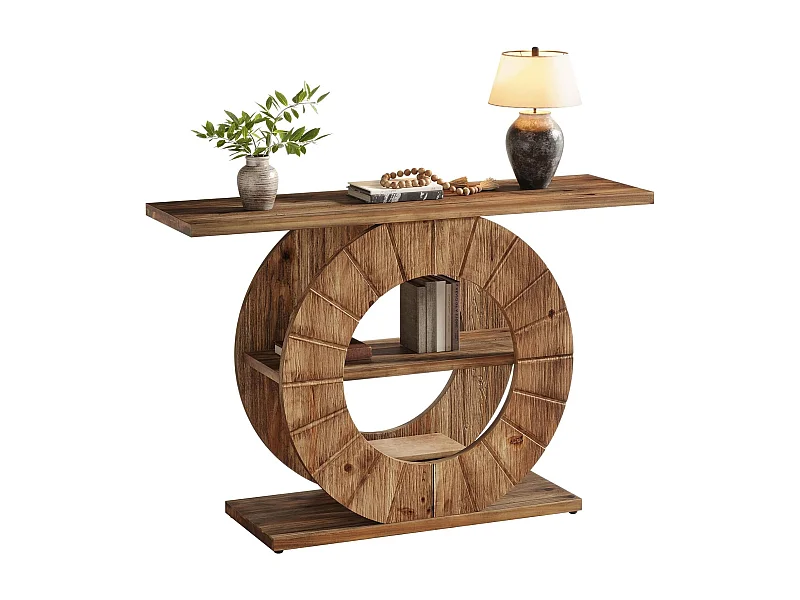 Mesa de Consola de Madeira Sólida com Armazenamento, Mesa de Sofá Rural com 3 Prateleiras e Base Circular Gravada