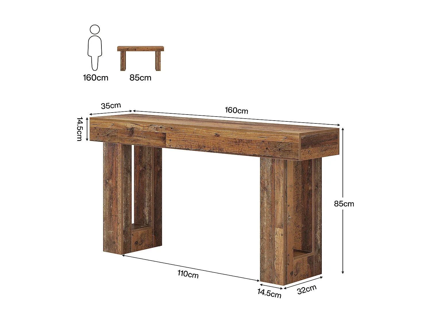 Mesa de Console, Mesa de Entrada Rural de 160cm, Mesa de Acento Retangular para Entrada, Corredor