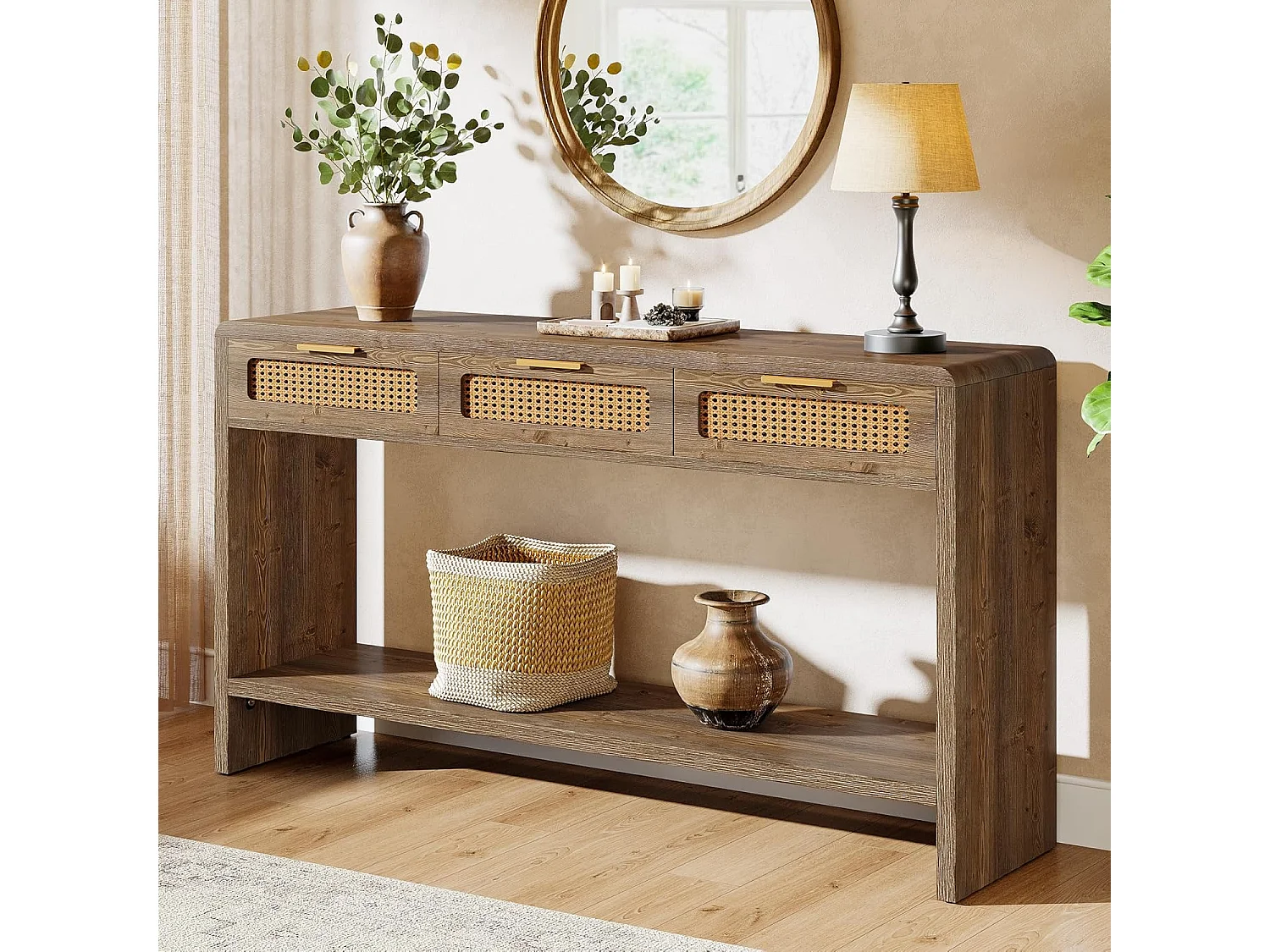 Mesa de entrada de 140 cm com 3 gavetas de rattan, mesa de console estreita para sofá com prateleira de armazenamento aberta de 2 níveis