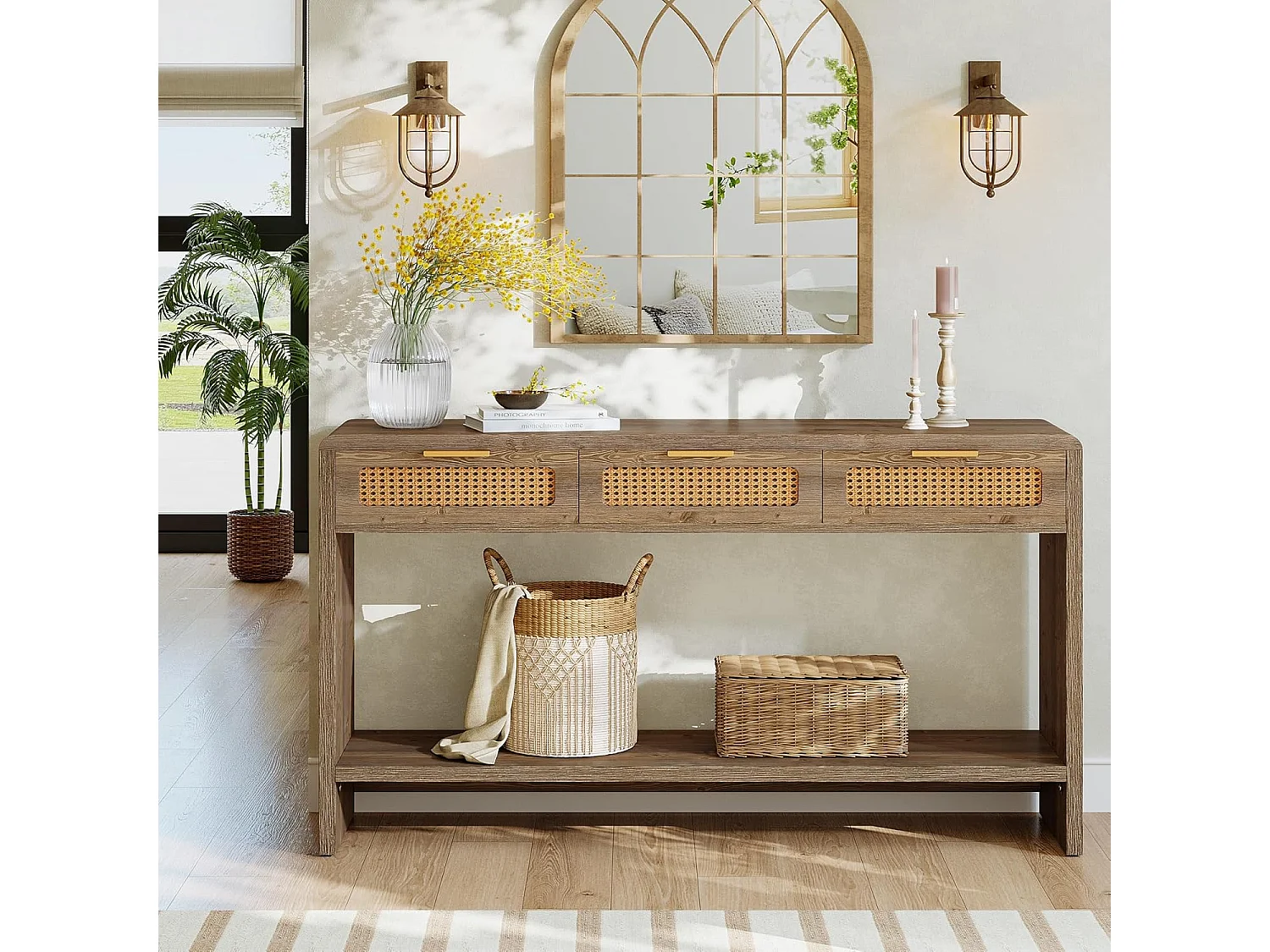 Mesa de entrada de 140 cm com 3 gavetas de rattan, mesa de console estreita para sofá com prateleira de armazenamento aberta de 2 níveis