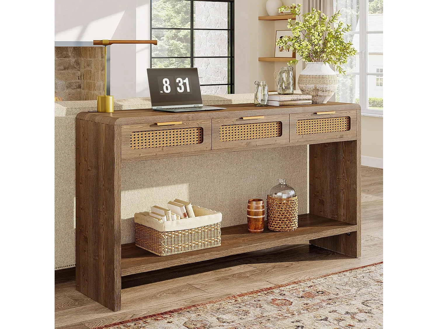 Mesa de entrada de 140 cm com 3 gavetas de rattan, mesa de console estreita para sofá com prateleira de armazenamento aberta de 2 níveis