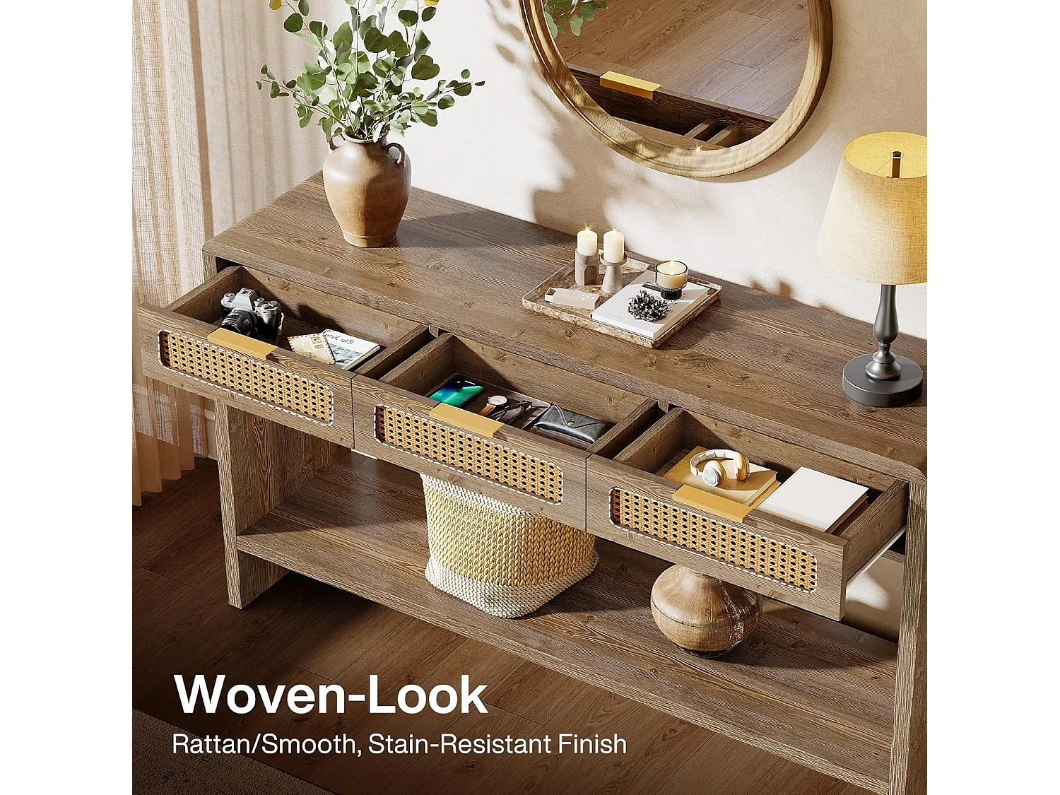 Mesa de entrada de 140 cm com 3 gavetas de rattan, mesa de console estreita para sofá com prateleira de armazenamento aberta de 2 níveis