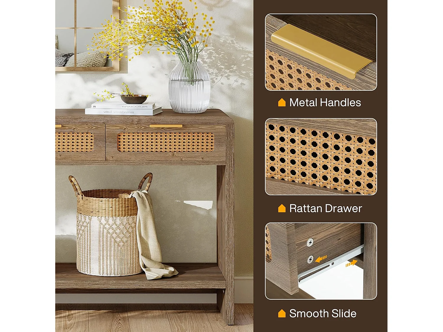 Mesa de entrada de 140 cm com 3 gavetas de rattan, mesa de console estreita para sofá com prateleira de armazenamento aberta de 2 níveis