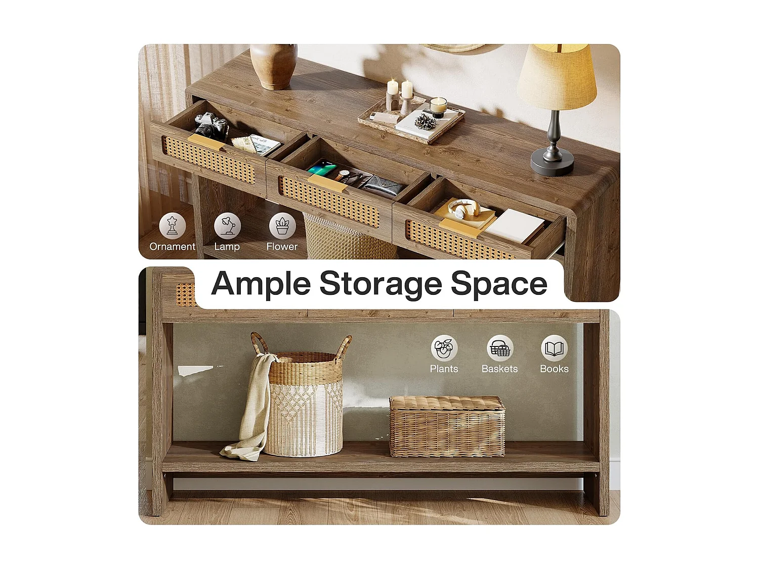 Mesa de entrada de 140 cm com 3 gavetas de rattan, mesa de console estreita para sofá com prateleira de armazenamento aberta de 2 níveis