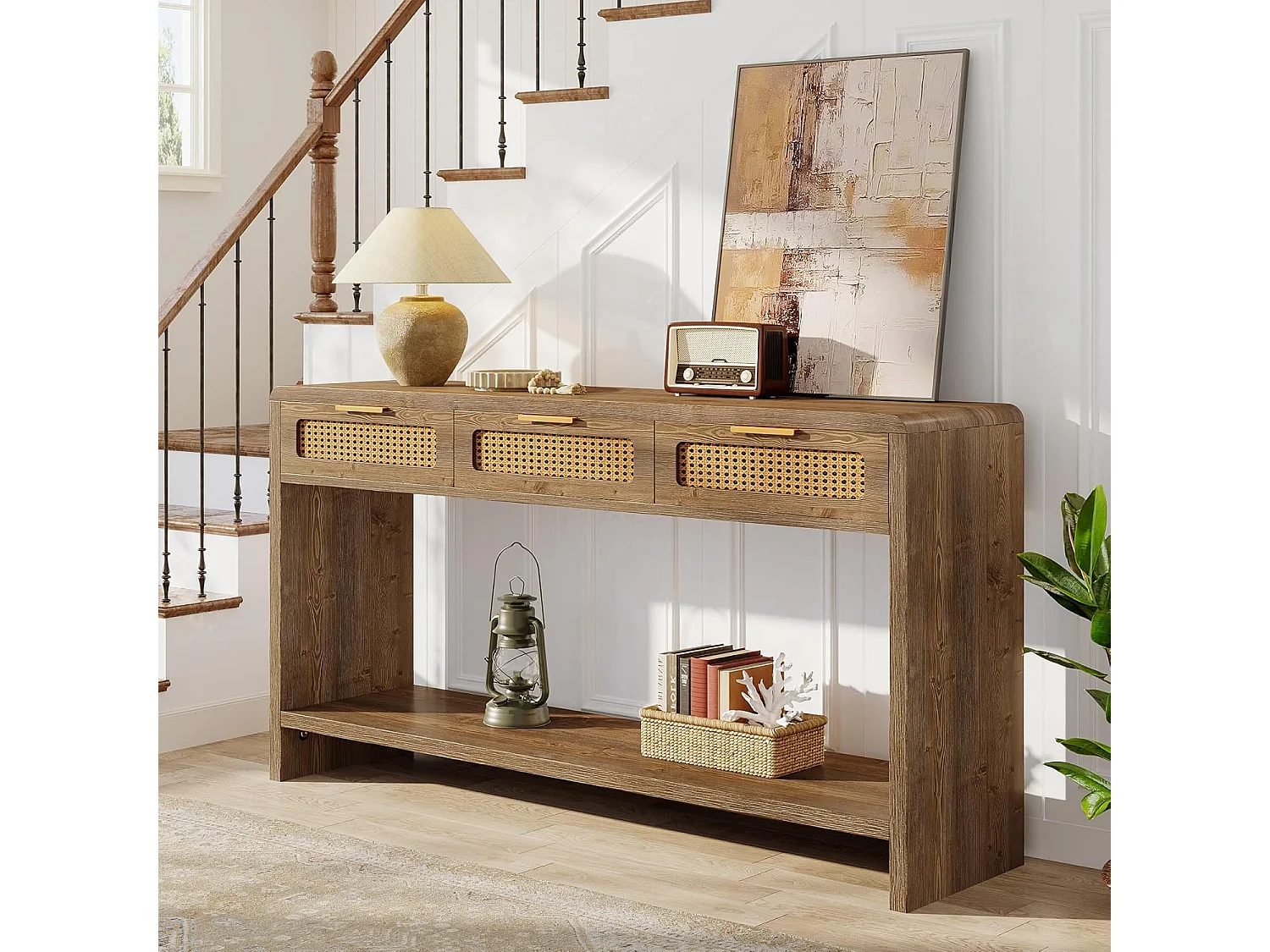 Mesa de entrada de 140 cm com 3 gavetas de rattan, mesa de console estreita para sofá com prateleira de armazenamento aberta de 2 níveis
