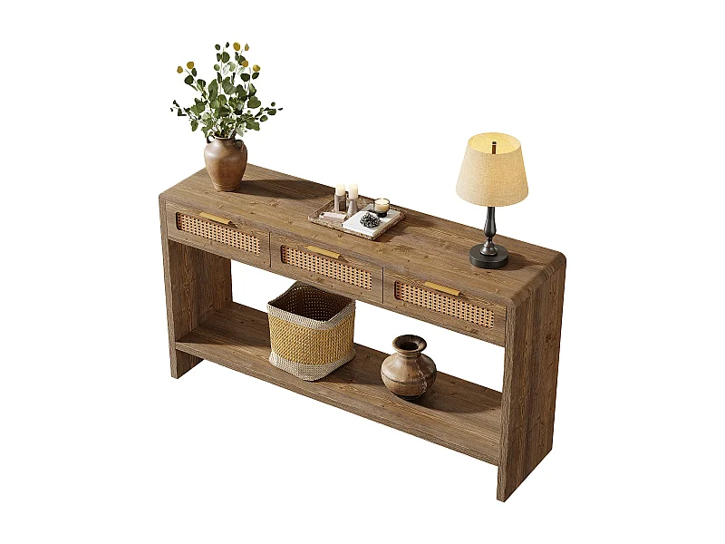 Mesa de entrada de 140 cm com 3 gavetas de rattan, mesa de console estreita para sofá com prateleira de armazenamento aberta de 2 níveis
