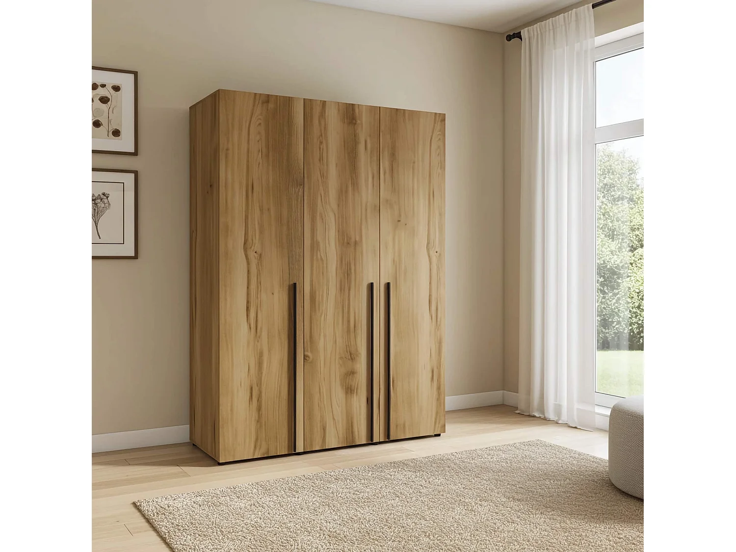 Kleiderschrank Arni 150 cm - 3 Drehtüren Eiche Gold Barock - Kleiderstange und Einlegeböden