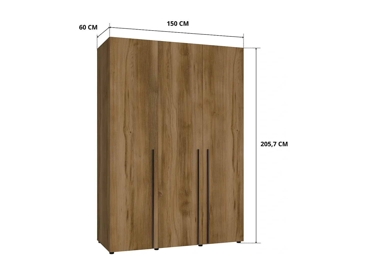 Kleiderschrank Arni 150 cm - 3 Drehtüren Eiche Gold Barock - Kleiderstange und Einlegeböden