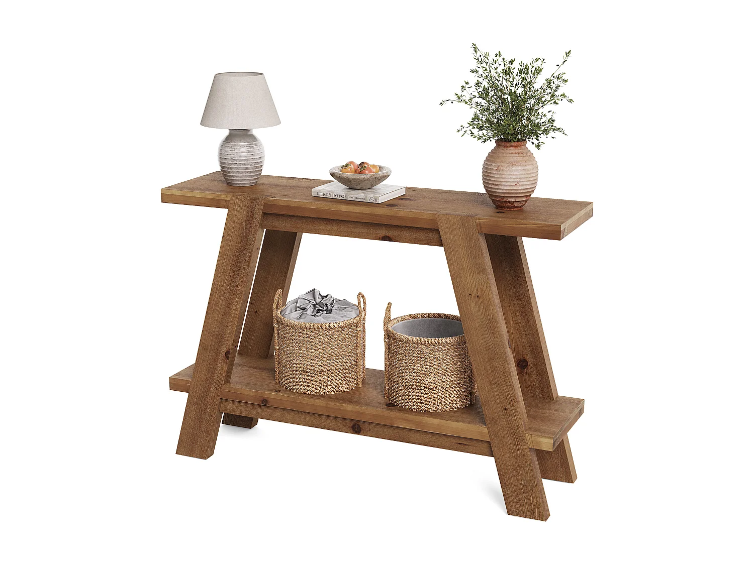 Mesa de entrada de madeira maciça de 110 cm, Mesa de console rústica de 2 níveis com armazenamento
