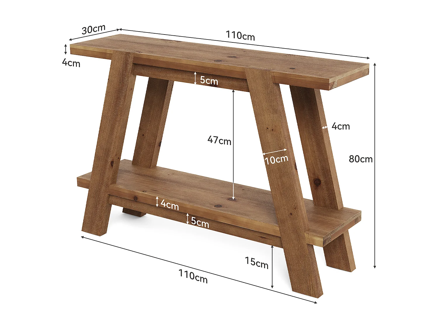 Mesa de entrada de madeira maciça de 110 cm, Mesa de console rústica de 2 níveis com armazenamento