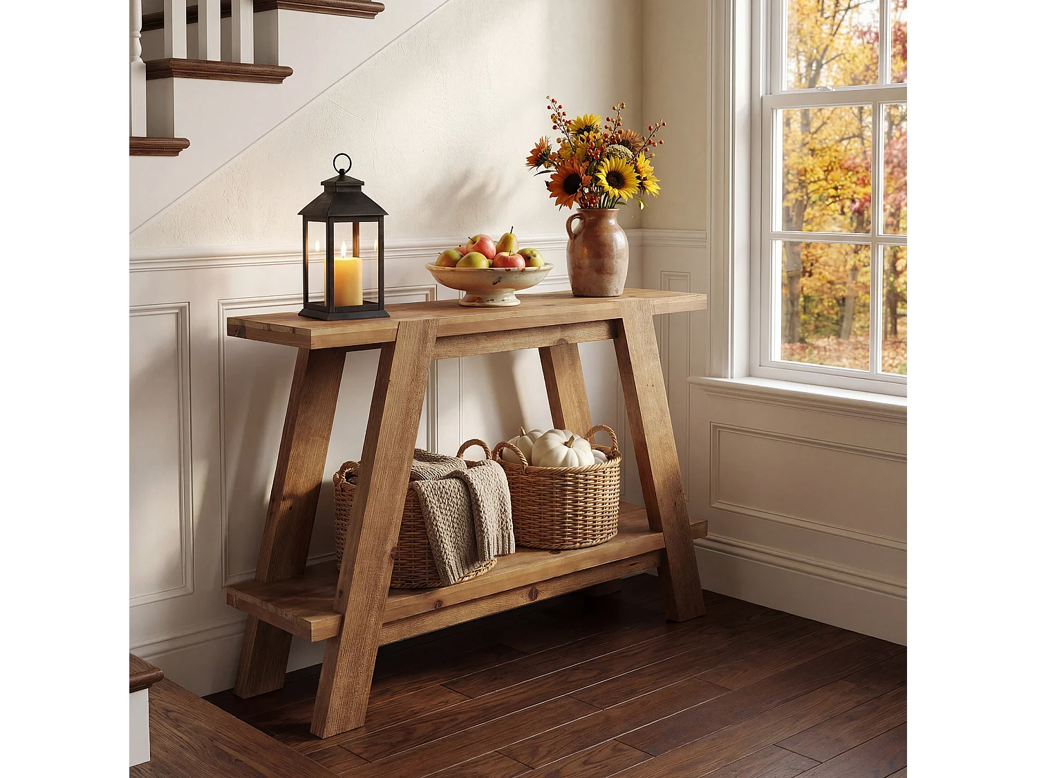 Mesa de entrada de madeira maciça de 110 cm, Mesa de console rústica de 2 níveis com armazenamento