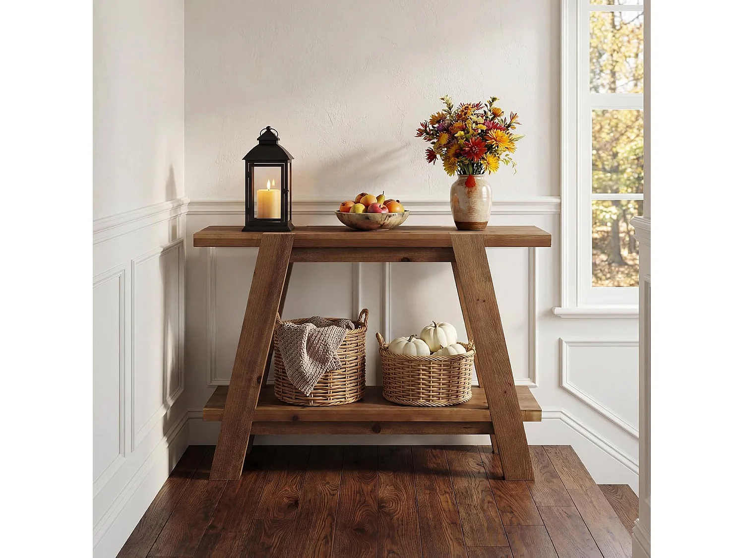 Mesa de entrada de madeira maciça de 110 cm, Mesa de console rústica de 2 níveis com armazenamento