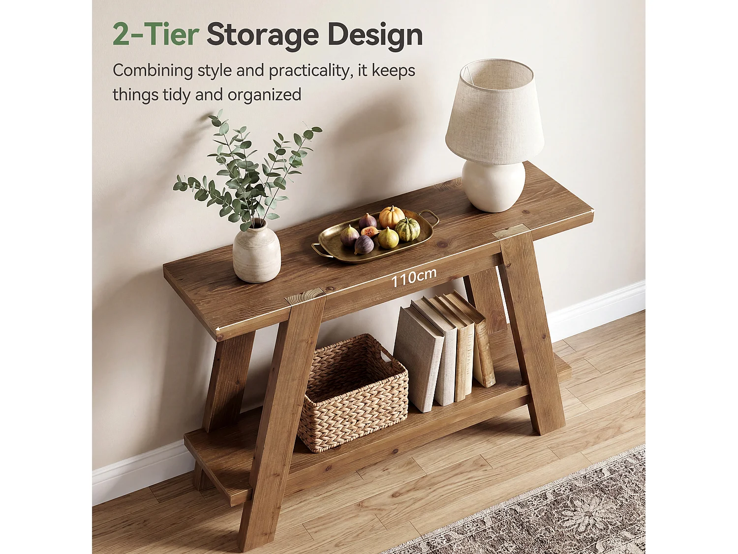 Mesa de entrada de madeira maciça de 110 cm, Mesa de console rústica de 2 níveis com armazenamento