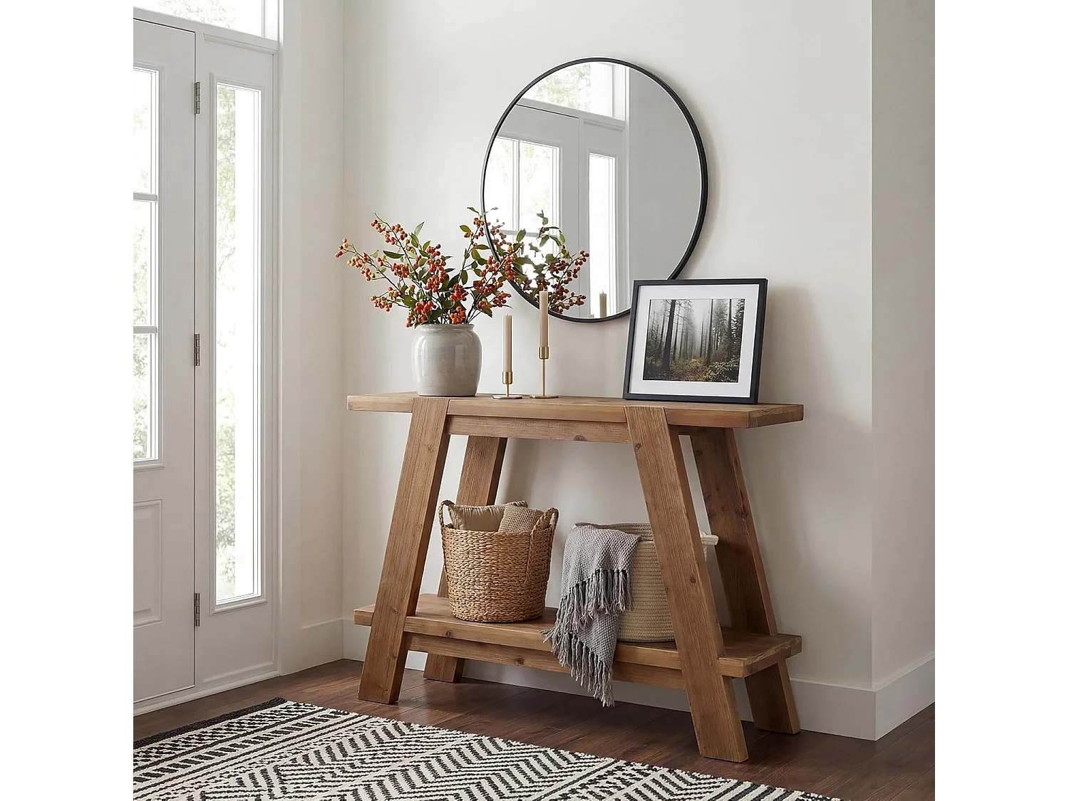 Mesa de entrada de madeira maciça de 110 cm, Mesa de console rústica de 2 níveis com armazenamento