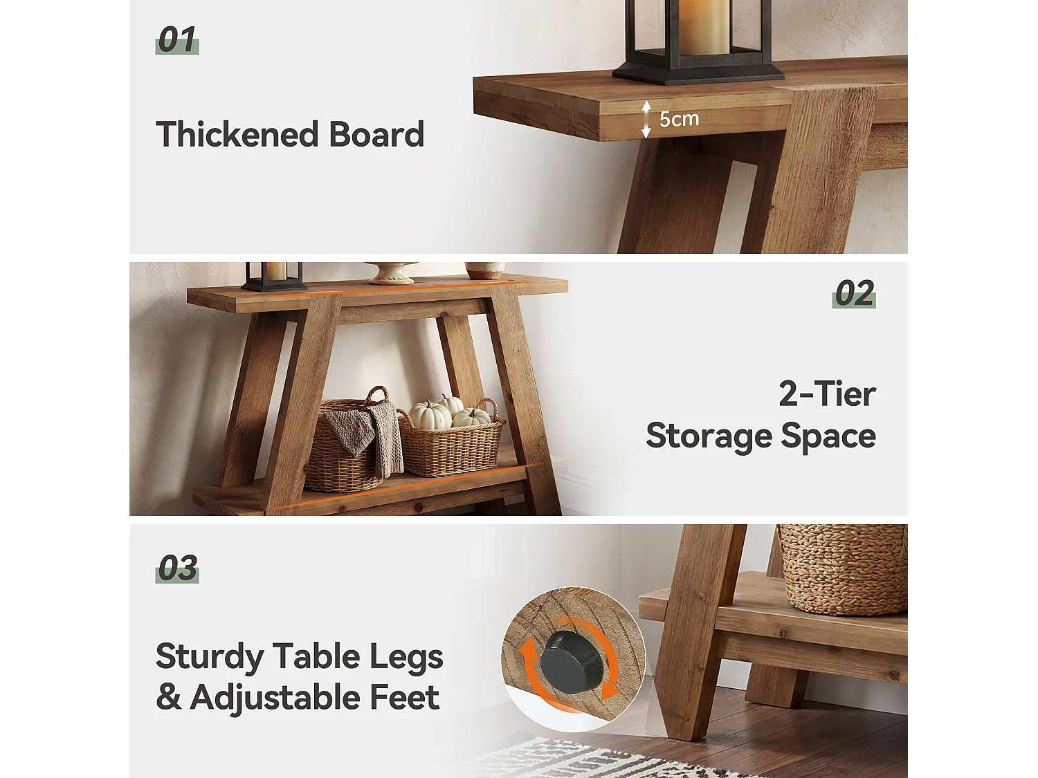 Mesa de entrada de madeira maciça de 110 cm, Mesa de console rústica de 2 níveis com armazenamento