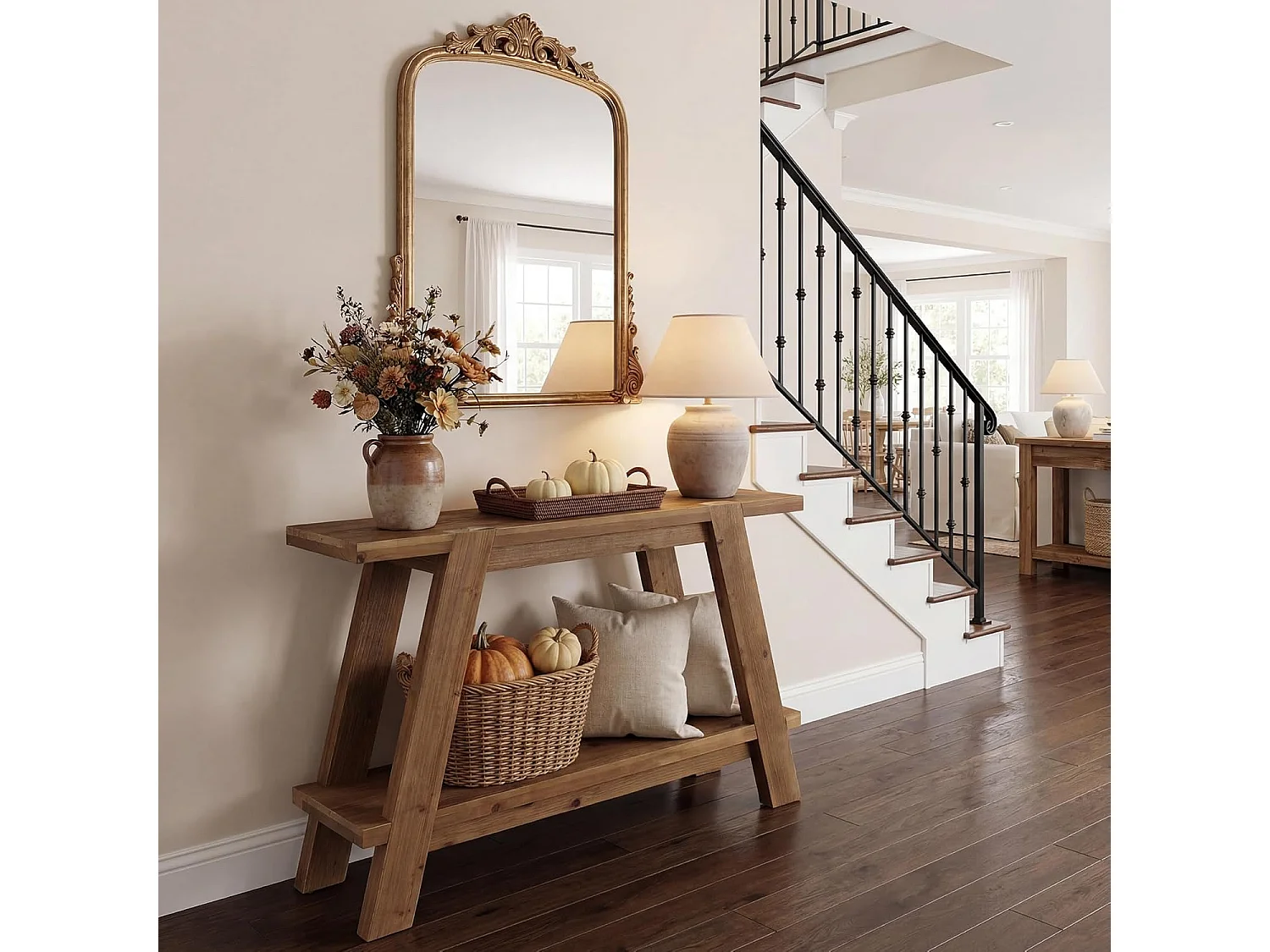 Mesa de entrada de madeira maciça de 110 cm, Mesa de console rústica de 2 níveis com armazenamento