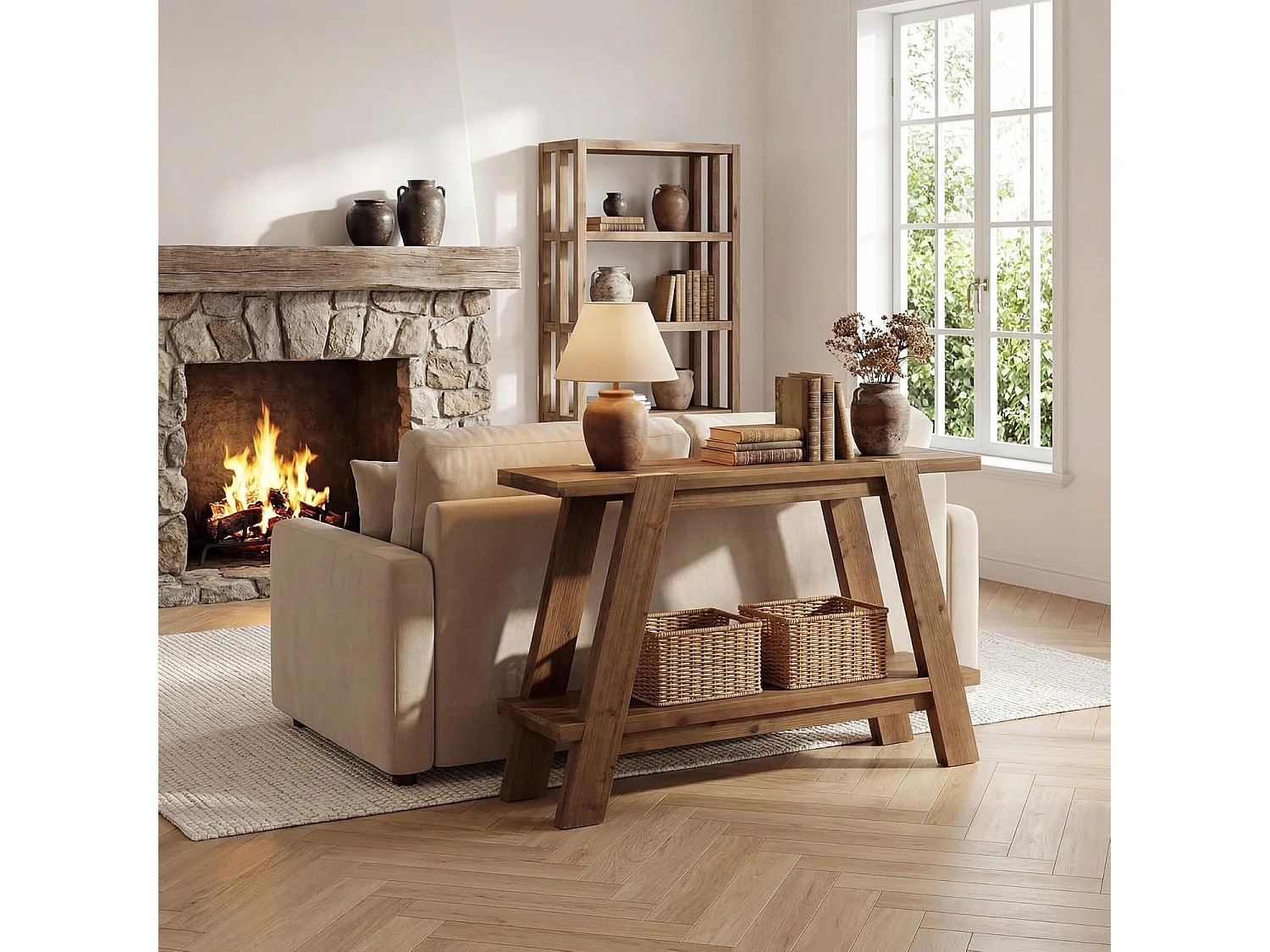 Mesa de entrada de madeira maciça de 110 cm, Mesa de console rústica de 2 níveis com armazenamento