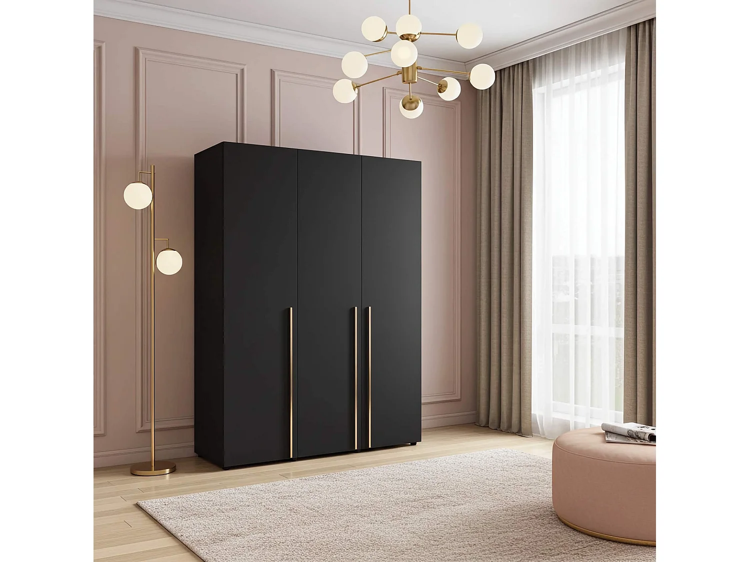 Kleiderschrank Arni 150 cm - 3 Drehtüren Schwarz Matt - Kleiderstange und Einlegeböden