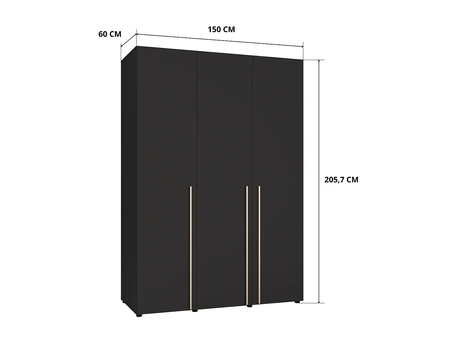 Kleiderschrank Arni 150 cm - 3 Drehtüren Schwarz Matt - Kleiderstange und Einlegeböden