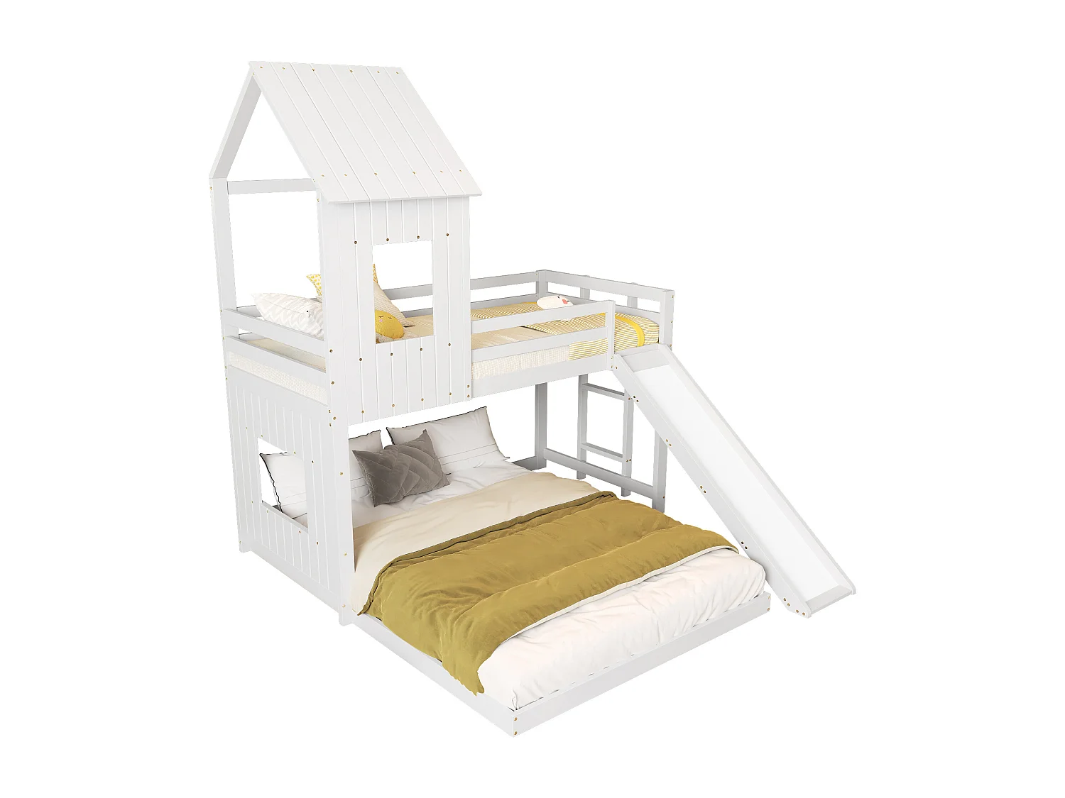 Litera tipo cabaña de 90/140x200 cm – Tobogán, techo, ventana, puerta de seguridad, pino + MDF blanco