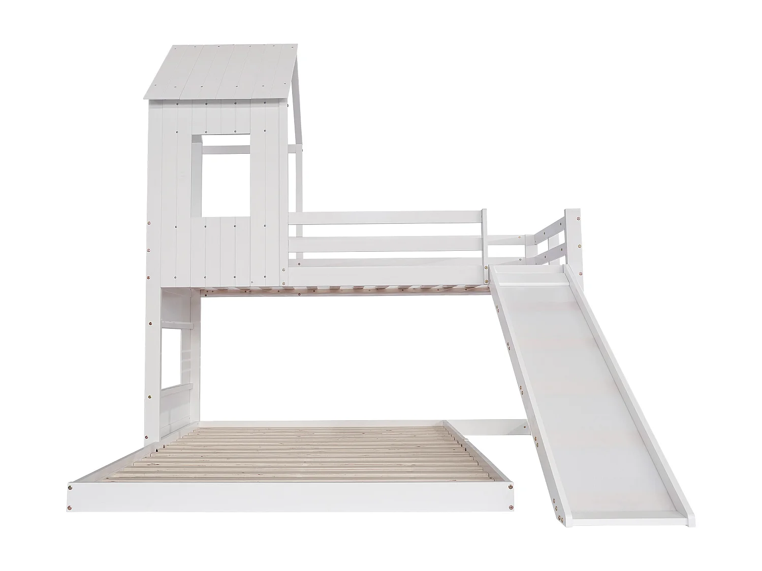 Litera tipo cabaña de 90/140x200 cm – Tobogán, techo, ventana, puerta de seguridad, pino + MDF blanco