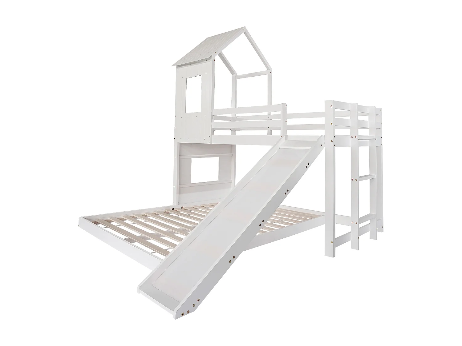 Litera tipo cabaña de 90/140x200 cm – Tobogán, techo, ventana, puerta de seguridad, pino + MDF blanco