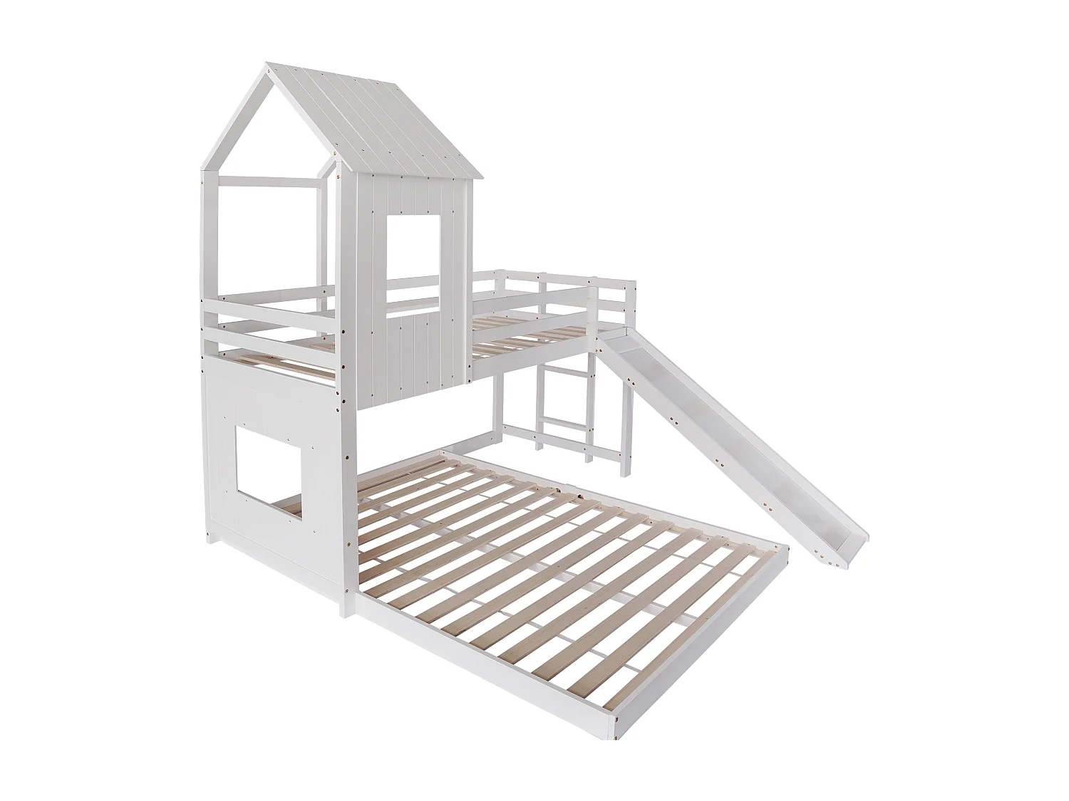 Litera tipo cabaña de 90/140x200 cm – Tobogán, techo, ventana, puerta de seguridad, pino + MDF blanco