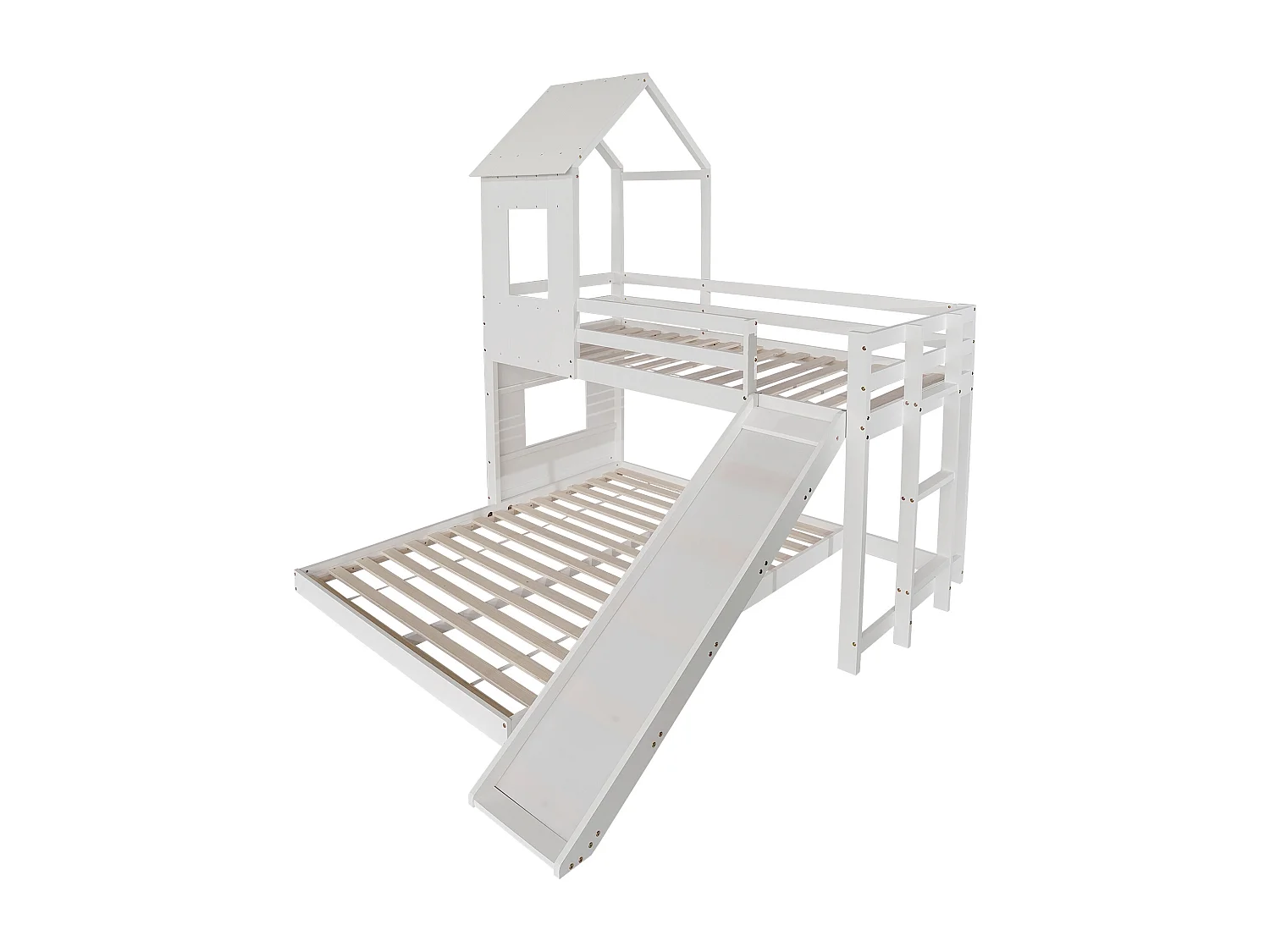 Litera tipo cabaña de 90/140x200 cm – Tobogán, techo, ventana, puerta de seguridad, pino + MDF blanco