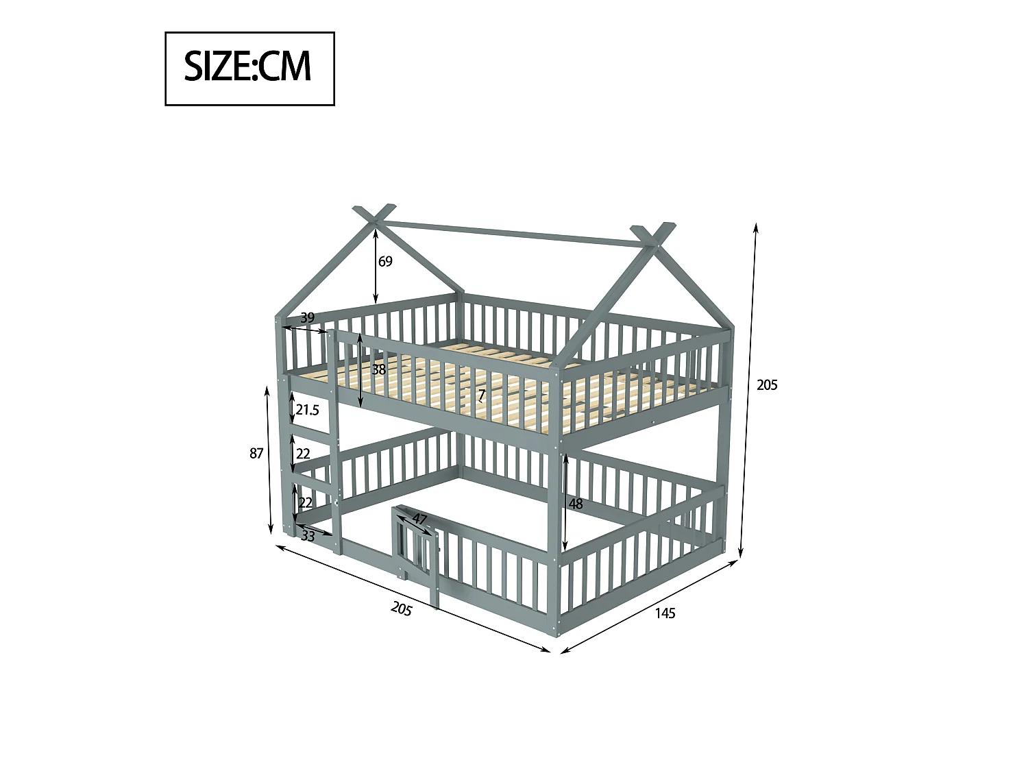 Familie stapelbed 140x200 cm – Massief grijs hout met trap